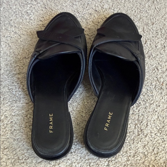 Frame Denim Woven Leather Mules in Black with Gold Accents - Picture 2 of 7